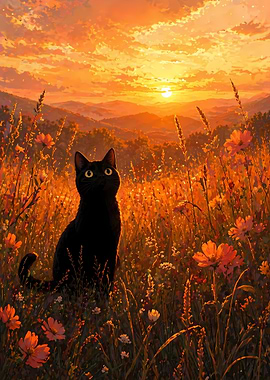 Black Cat in a Field at Sunset