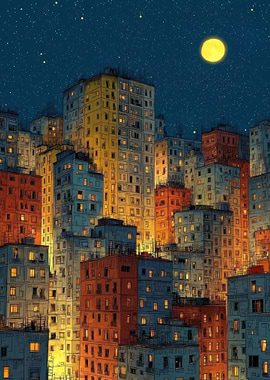 Cityscape at Night with Moon