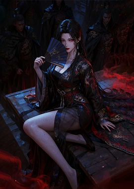 Mysterious Woman with Fan and Guards