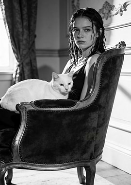 Woman with White Cat in Armchair