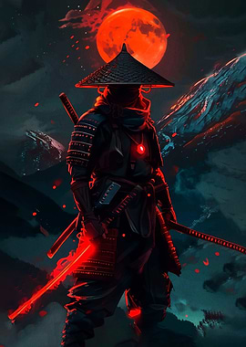 Samurai Warrior Under a Red Moon