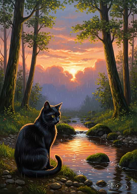 Black Cat by a Stream at Sunset