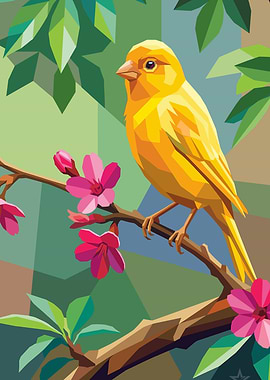 Yellow Canary on a Branch with Flowers