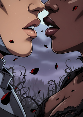 Romantic Kiss Amidst Thorns and Roses