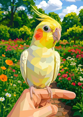 Cockatiel Perched on a Hand in a Garden