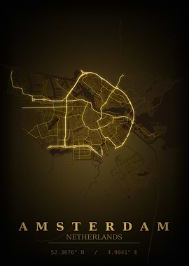 Amsterdam Gold City Map — Netherland Night Travel Poster