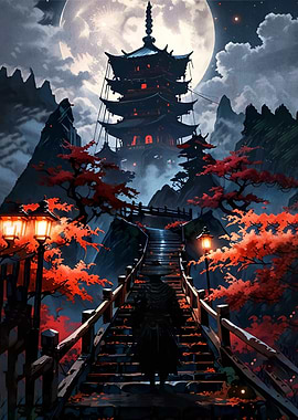 Mysterious Figure Ascends Pagoda Stairs