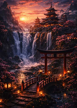 Enchanting Japanese Waterfall Temple at Sunset