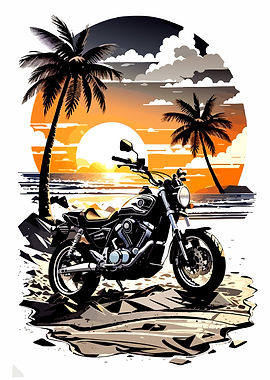 Motorcycle on a Tropical Beach Sunset