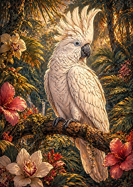 White Cockatoo in Tropical Paradise