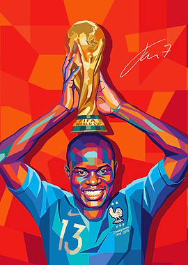 Footballer N'Golo Kante holding World Cup trophy