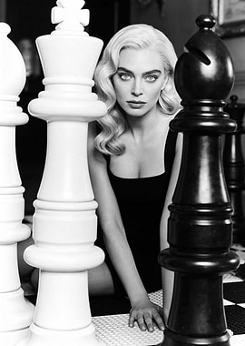 Woman with Giant Chess Pieces