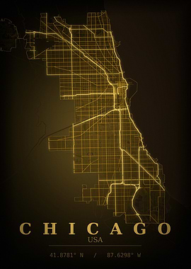 Chicago Gold City Map — USA Night Travel Poster