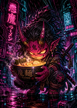 Cyberpunk Oni Eating Ramen