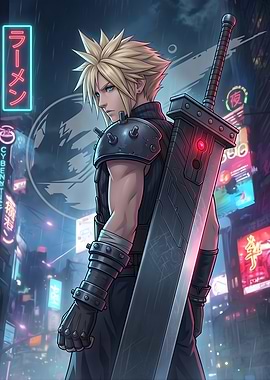 Final Fantasy VII Cloud Strife in a Neon City