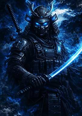 Cyberpunk Samurai with Blue Energy Sword