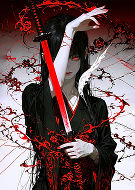 Anime Girl with Red Katana and Roses