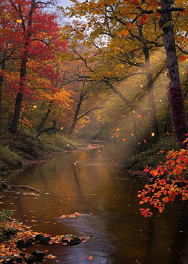 Autumn forest stream with falling leaves