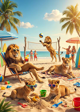 Lions on a Tropical Beach Vacation