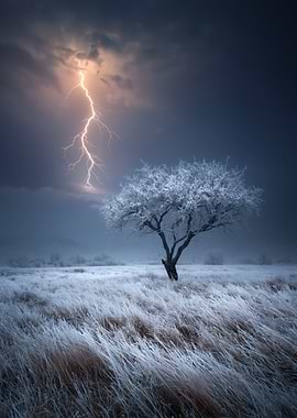 Lightning Strikes a Frosted Tree in a Field