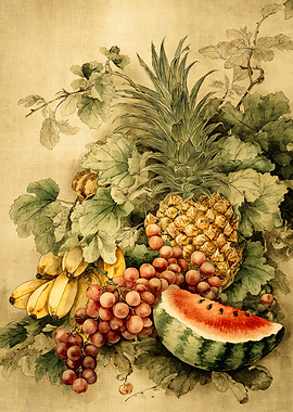 Vintage Tropical Fruit Watercolor Art