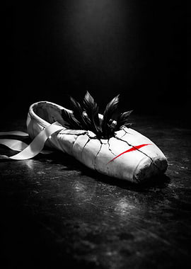 Broken Ballet Slipper with Feathers and Red Mark