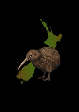 Kiwi Bird on New Zealand Map