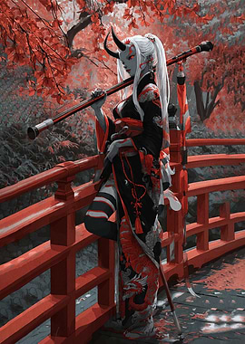 Oni Woman with Staff on Red Bridge