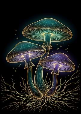 Glowing Mushrooms with Roots