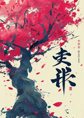 Japanese Ink Style Red Sakura Tree – Minimalist Wall Art