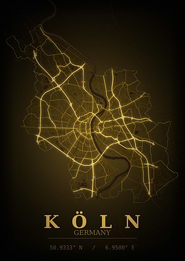 Cologne Gold City Map — Germany Night Travel Poster