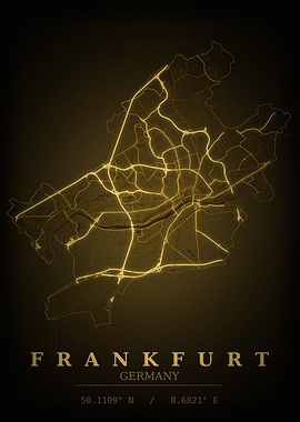 Frankfurt Gold City Map — Germany Night Travel Poster