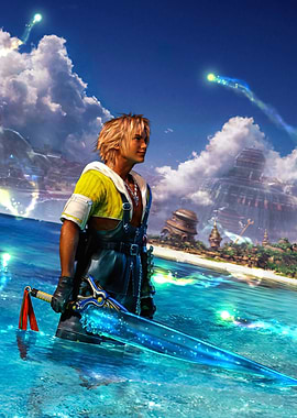 Tidus with a glowing sword in water