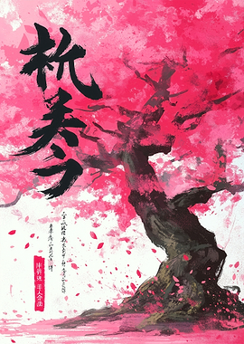 Japanese Cherry Blossom Tree in Bloom (Sumi-e Ink Style)