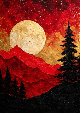 Crimson Moonlit Mountain Landscape