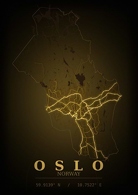 Oslo Gold City Map — Norway Night Travel Poster