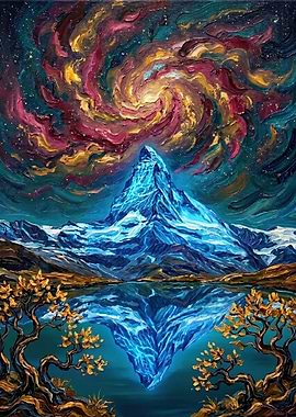 Vibrant Mountain Reflection Under Cosmic Sky