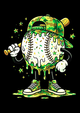 Melting Baseball Poster, Funny Cartoon Sports Art, Drip Ice Cream Style Wall Print