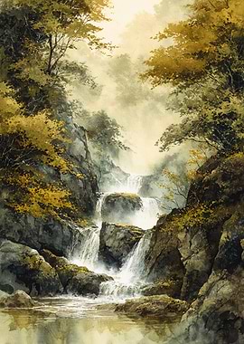 Forest Waterfall Watercolor Painting Art