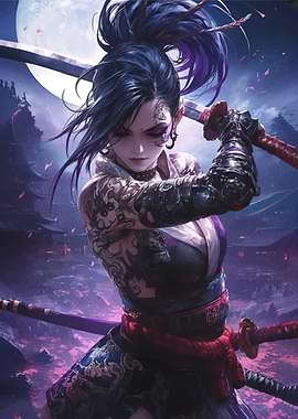 Samurai Woman with Tattoos and Swords