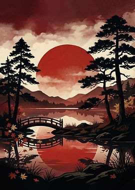 Japanese Landscape with Red Sun