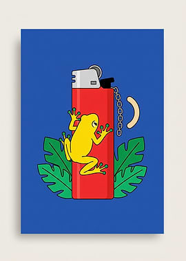 Yellow Frog on Red Lighter with Leaves