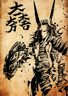 Samurai Warrior with Japanese Calligraphy
