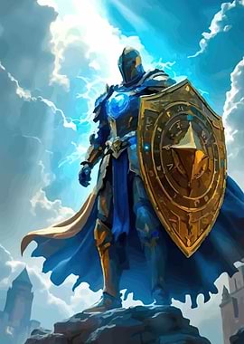 Knight in Blue Armor with Golden Shield