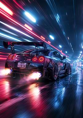 Cyberpunk Nissan GT-R Speeding Through Tunnel