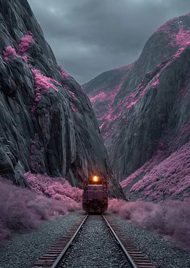 Train in a Pink Forest Valley