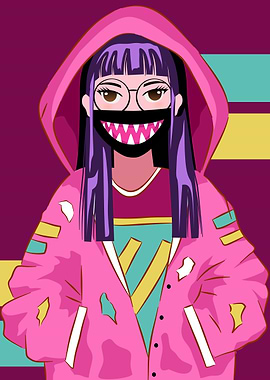 Anime Girl with Pink Hoodie and Mask