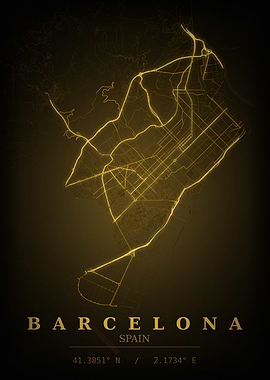 Barcelona Gold City Map — Spain Night Travel Poster