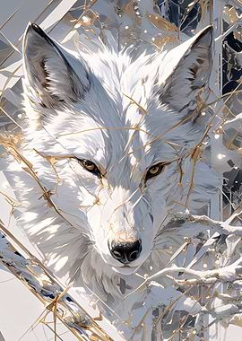 White Wolf Portrait with Gold Accents