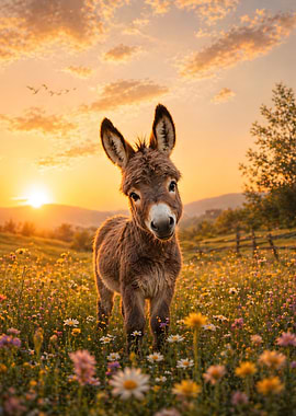 Cute donkey in a field of flowers